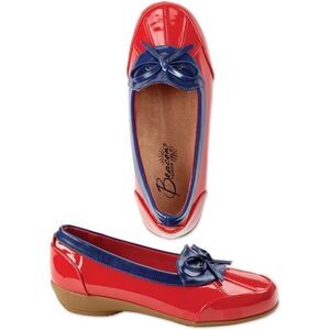 Beacon Red and Blue Puddle Jumper Wedge Heel Patent Duck Shoes